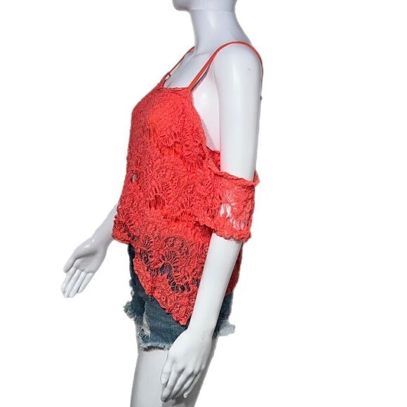 LOVE, FIRE Lace Ruffle Cold Shoulder Top, Hibiscus - Picture 1 of 11